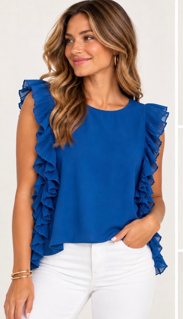 NWT South Women’s Cobalt Blue Sleeveless Pleated Ruffle Blouse L